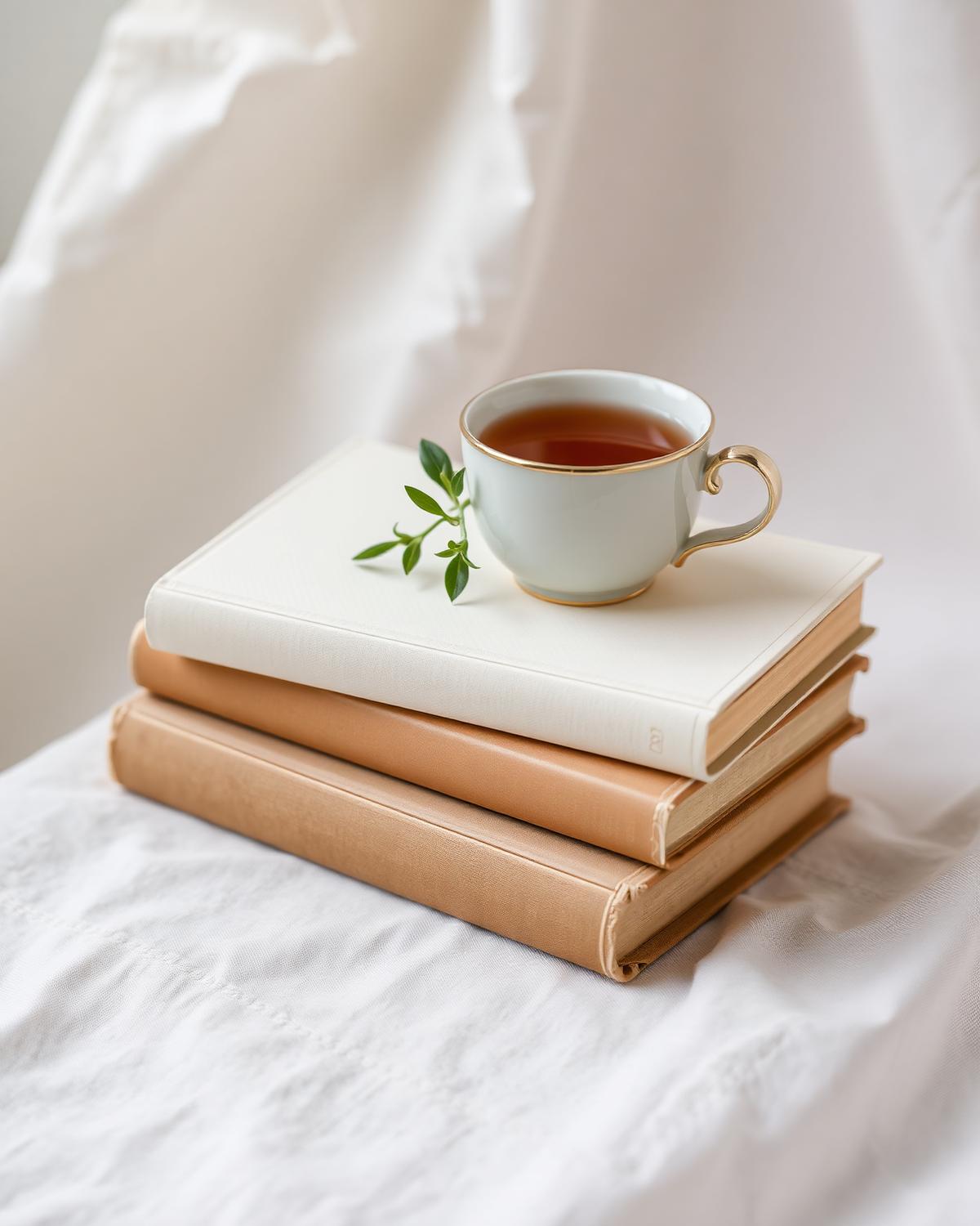 Stack of vintage books with tea