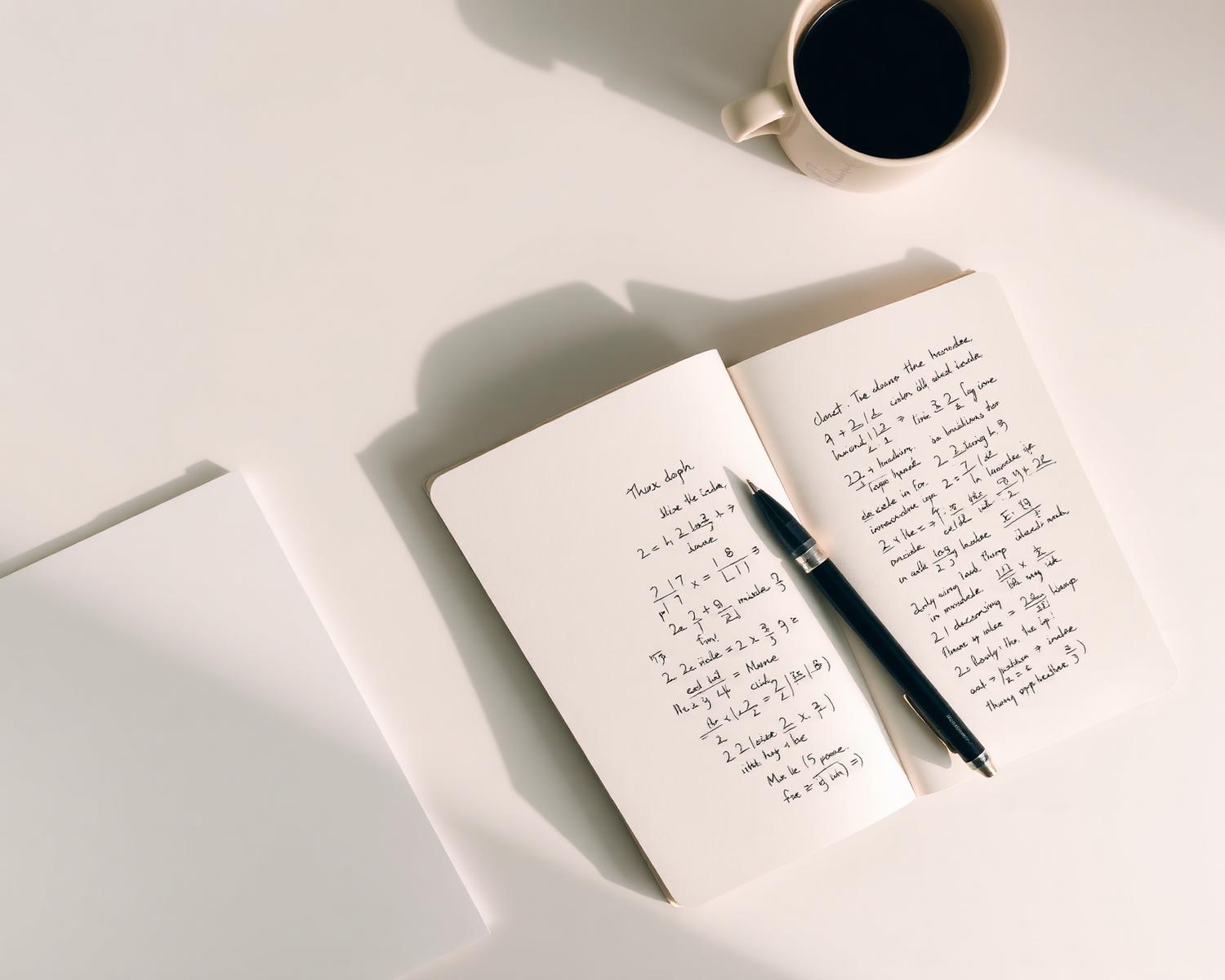 Handwritten math notes with coffee